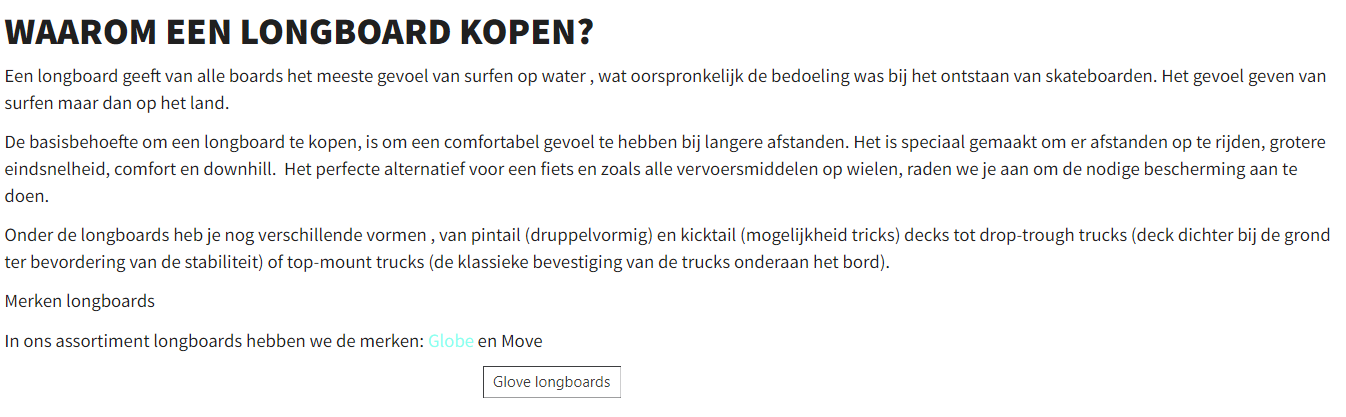 Een webshop pagina met "Waarom een longboard kopen?" op.