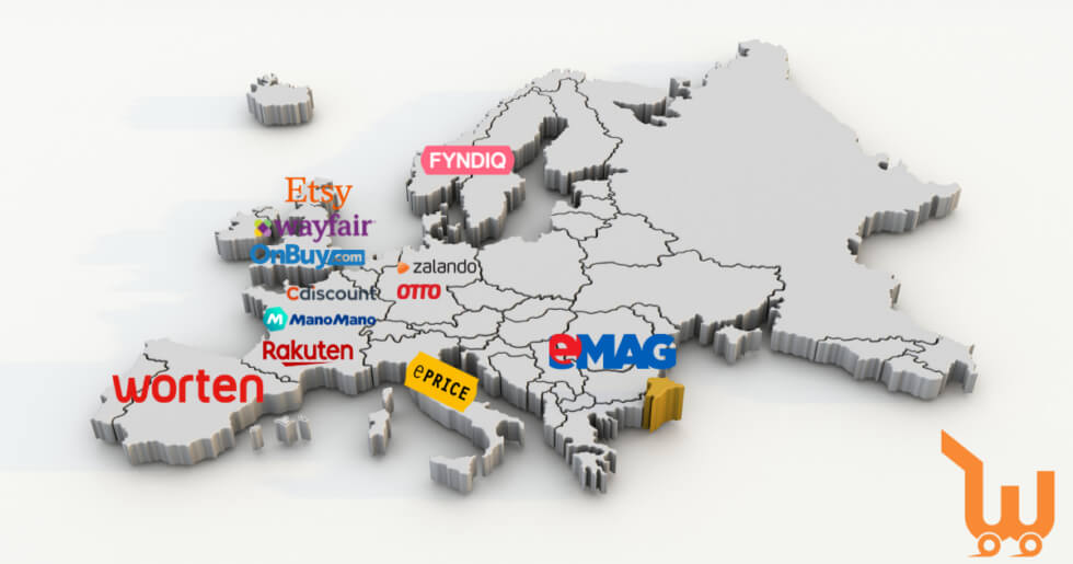 Een map van Europa met de grootste marktplaats in elk land zonder Amazon, Ebay en Bol.