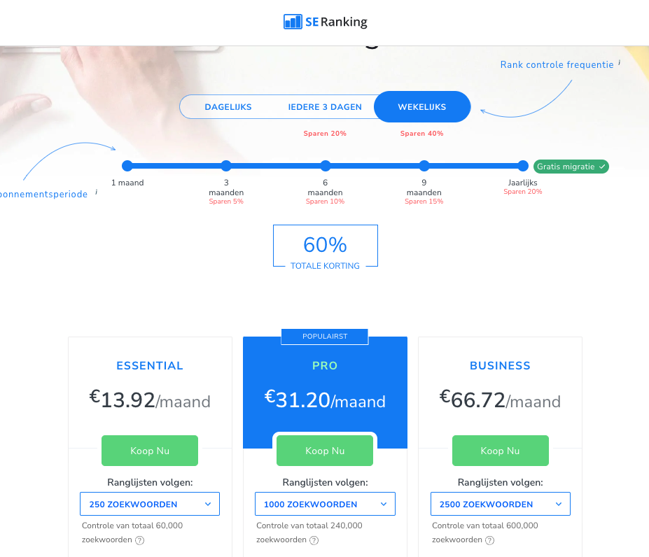 De prijsplannen van SE Ranking.