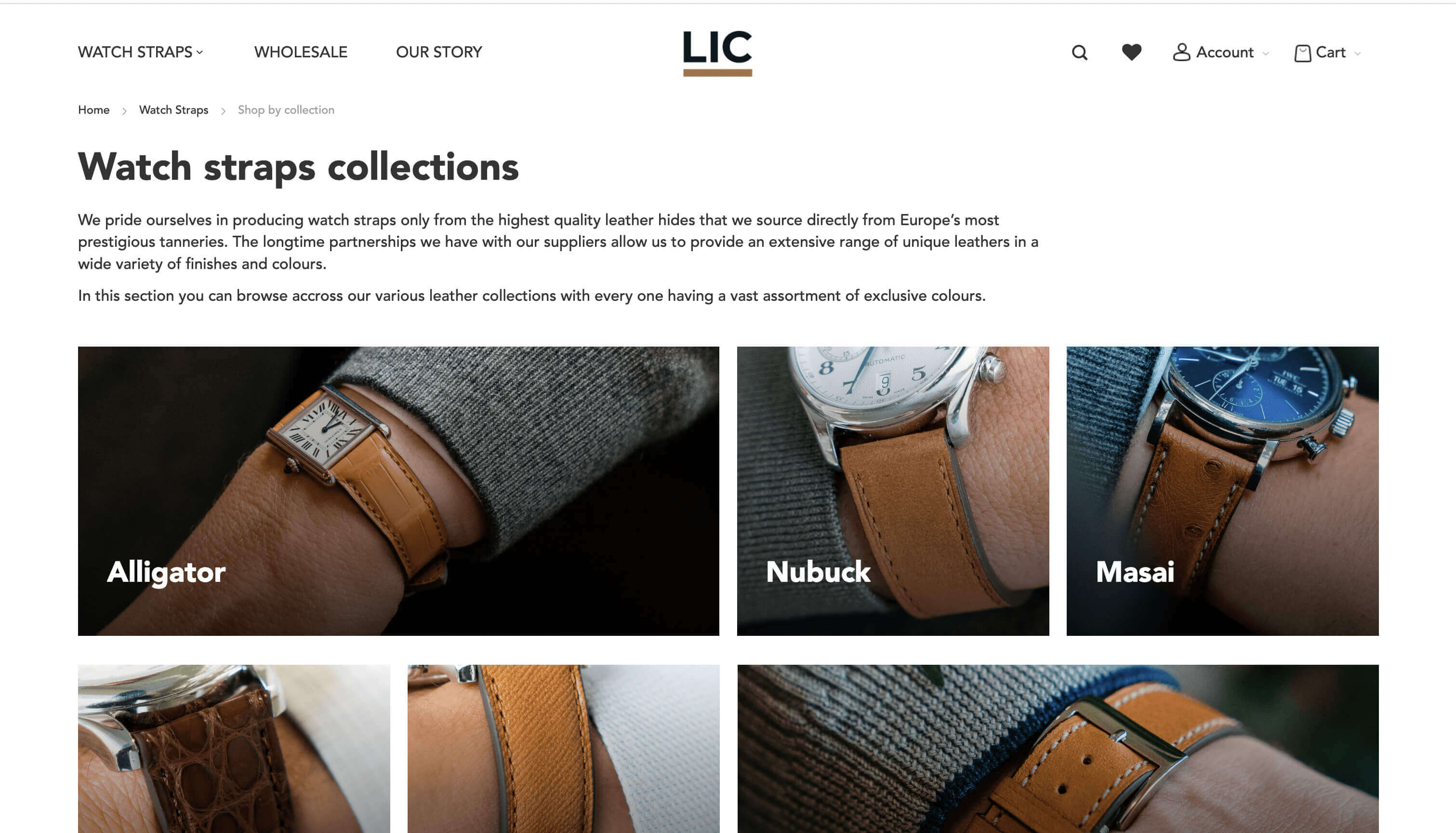 Een webpagina van de webshop van LIC met verschillende horlogebandjes op.