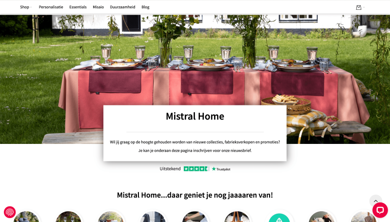 Een webpage van Mistral home zijn webshop.