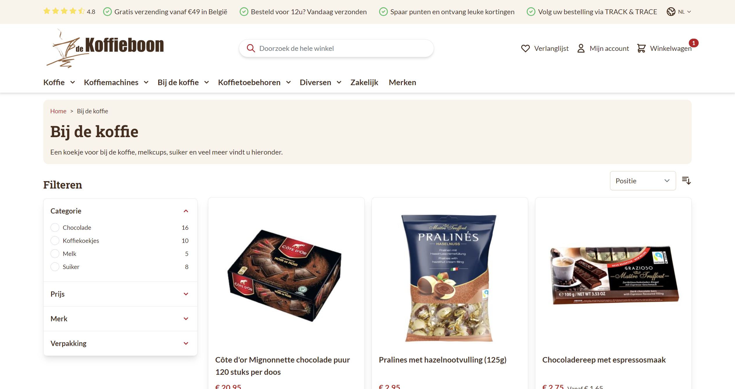 Screenshot van de website van De Koffieboon