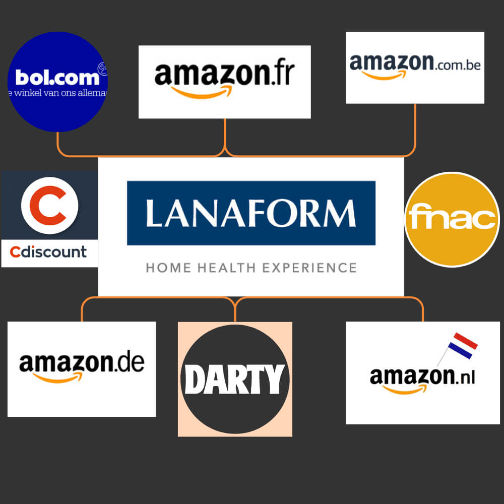 Lanaform logo samen met de Amazon logo's, het Fnac logo, het Darty logo, het Bol logo en het Cdiscount logo.