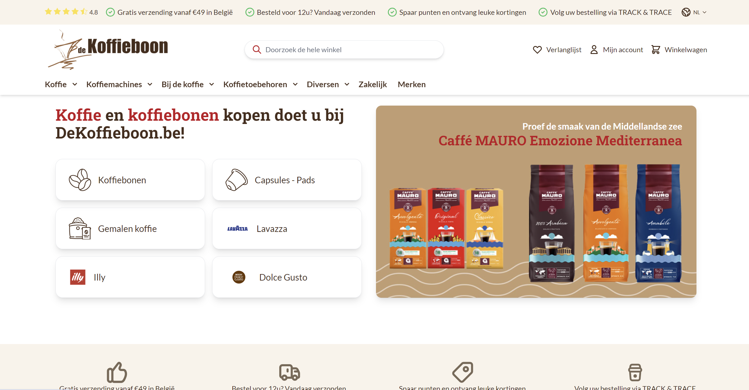 Screenshot van de website van De Koffieboon