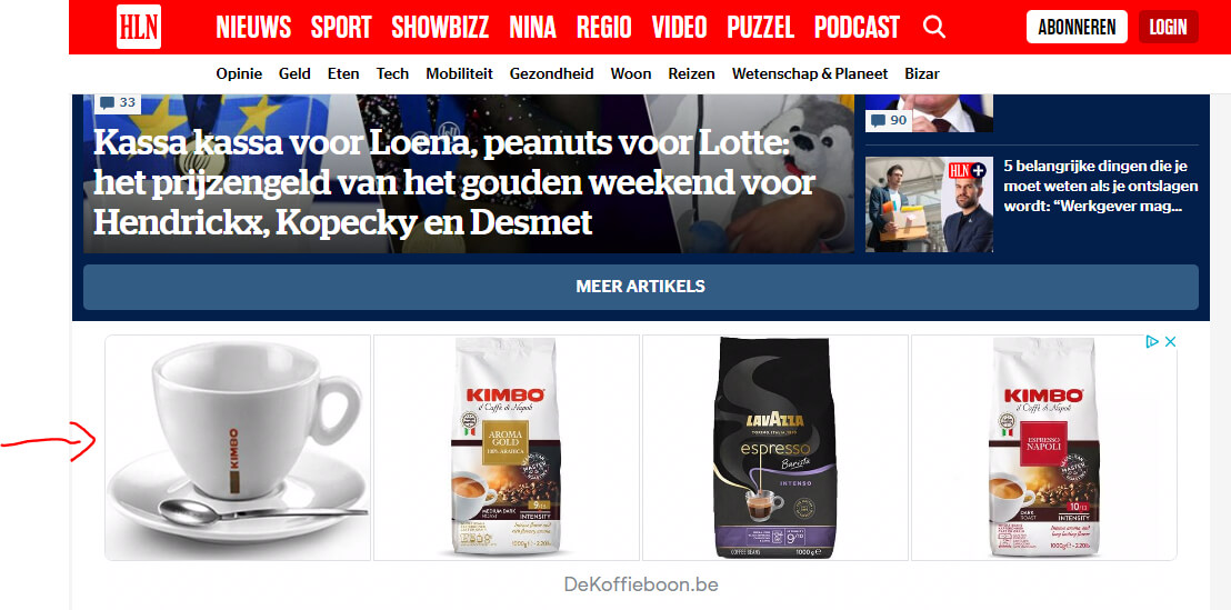 Een campagne van de koffieboon op de HLN website.