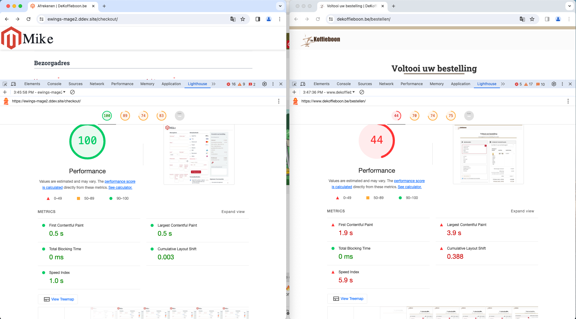 Hyvä Checkout pagespeed resultaten