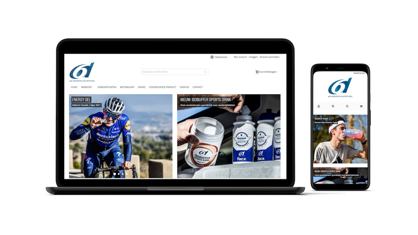 Een laptop en een smartphone met alle twee de webshop van 6D sports nutrition op.