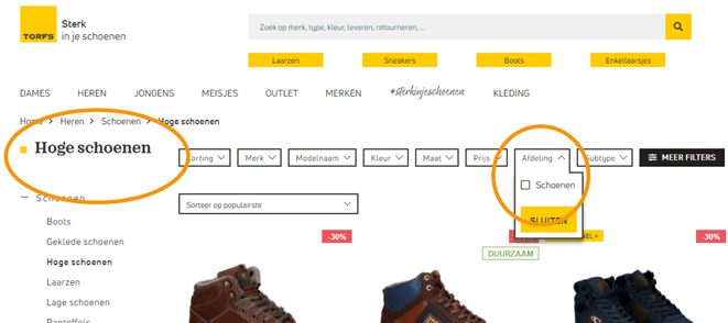 Torfs webshop pagina die hoge schoenen bevat en die filters heeft.