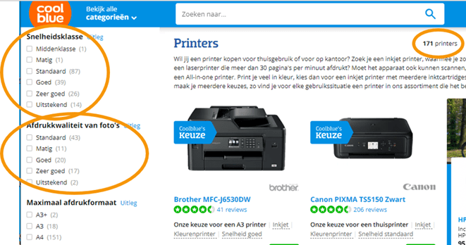 Een pagina met printers waar filters is omcirkelt. 