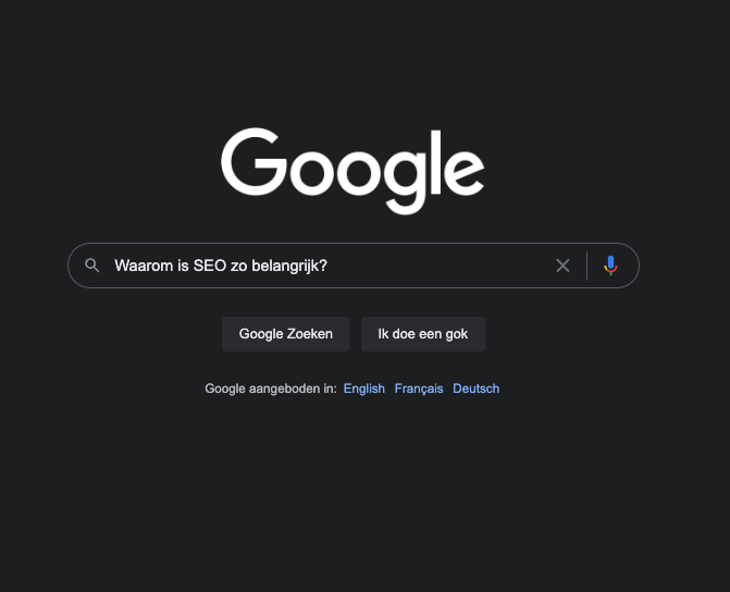 De Google search pagina met in zoekbalk "Waarom is SEO zo belangrijk?".